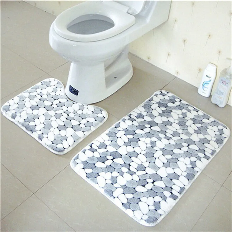 2pcs/set PVC Mesh Thicken Coral Fleece Floor Bath Mats Set Non Slip Bathroom Toliet Rugs 45*50 50*80cm Water Absorption Carpet