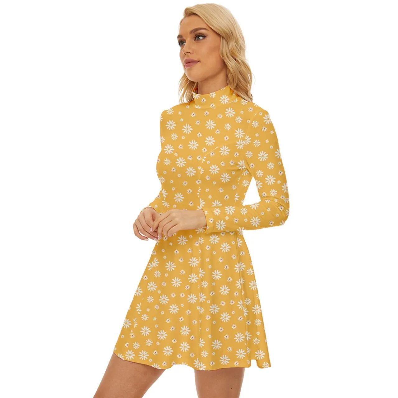 60s Dress Style, Mod Dress, Yellow Mod Dress, Turtle neck dress, GOGO Dress, 60s style dress, 60s mini dress, Floral Dress, Retro Dress