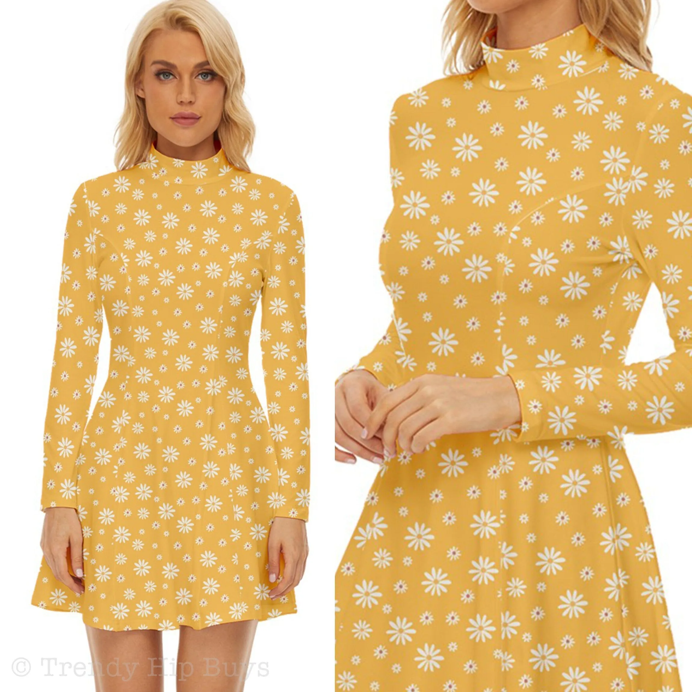 60s Dress Style, Mod Dress, Yellow Mod Dress, Turtle neck dress, GOGO Dress, 60s style dress, 60s mini dress, Floral Dress, Retro Dress