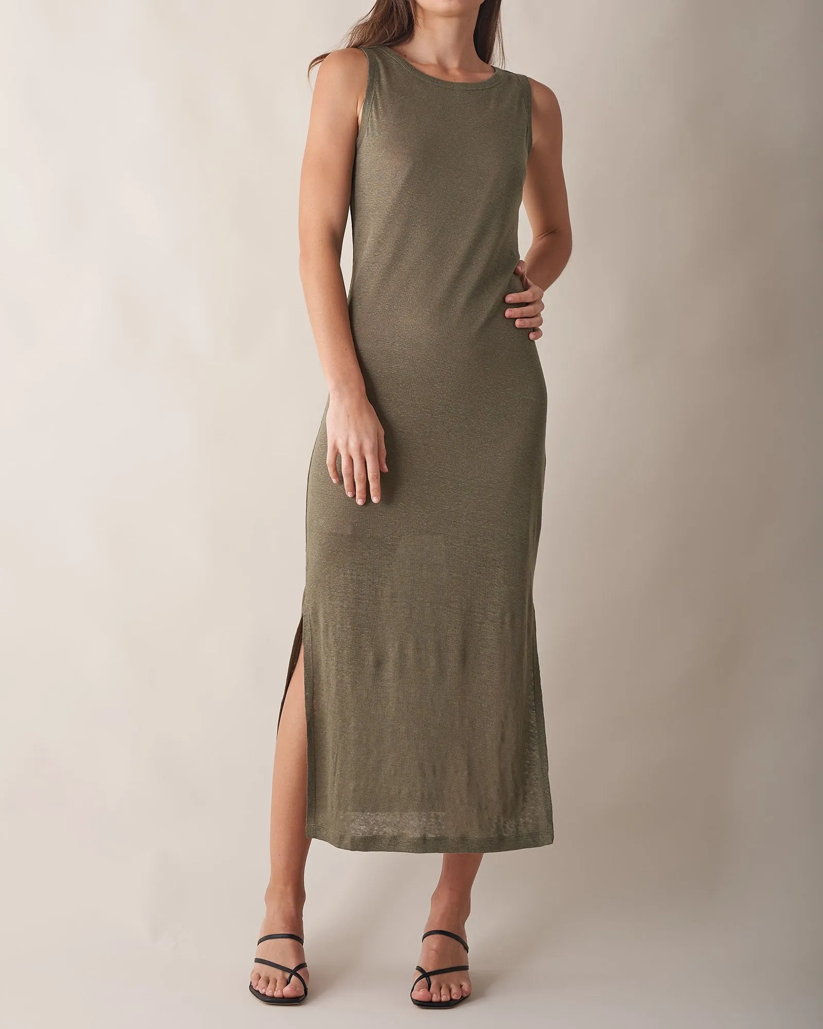 Aceline Linen Tank Dress - Khaki