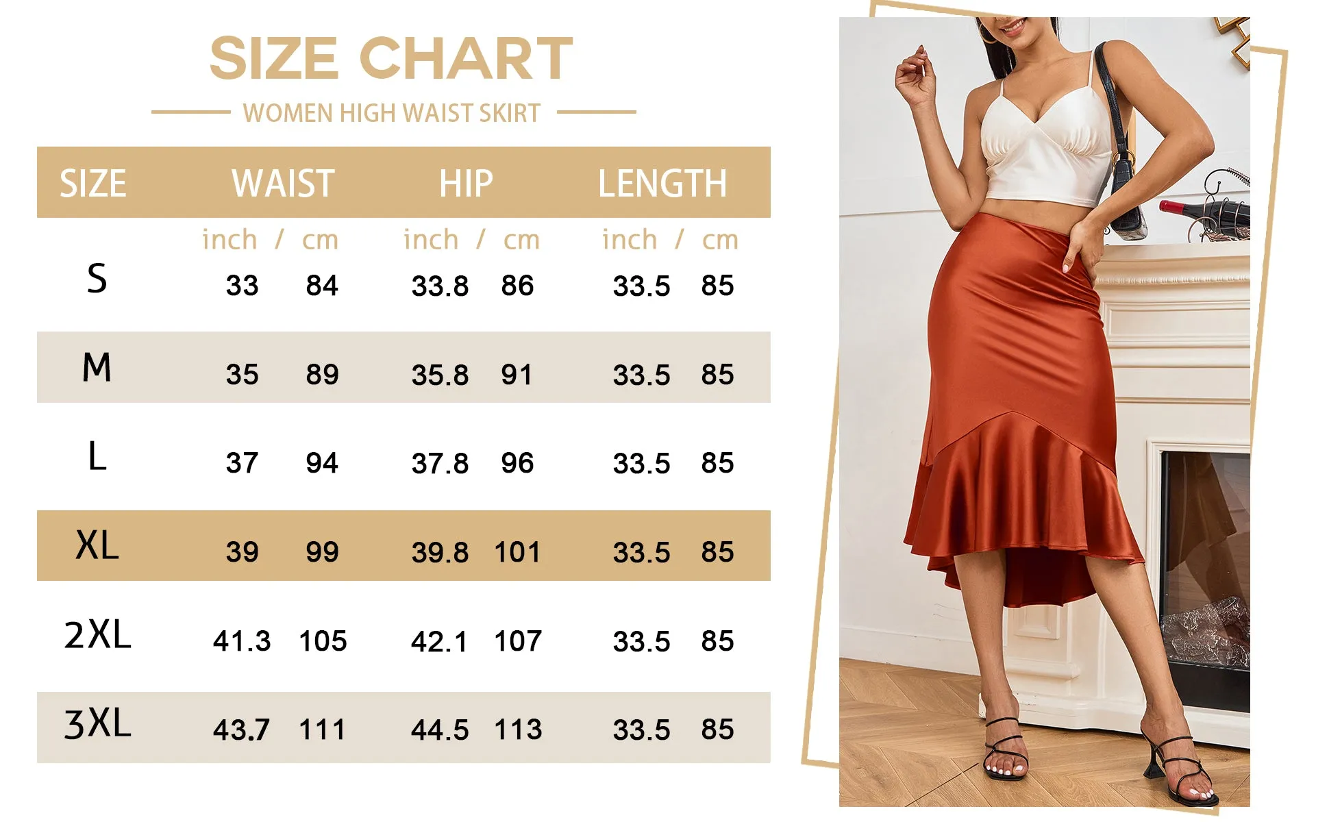 ALCEA ROSEA Women High Waist Satin Skirt Fishtail Silky Skirts Bodycon Stretchy Mermaid Pencil Midi Skirt Caramel