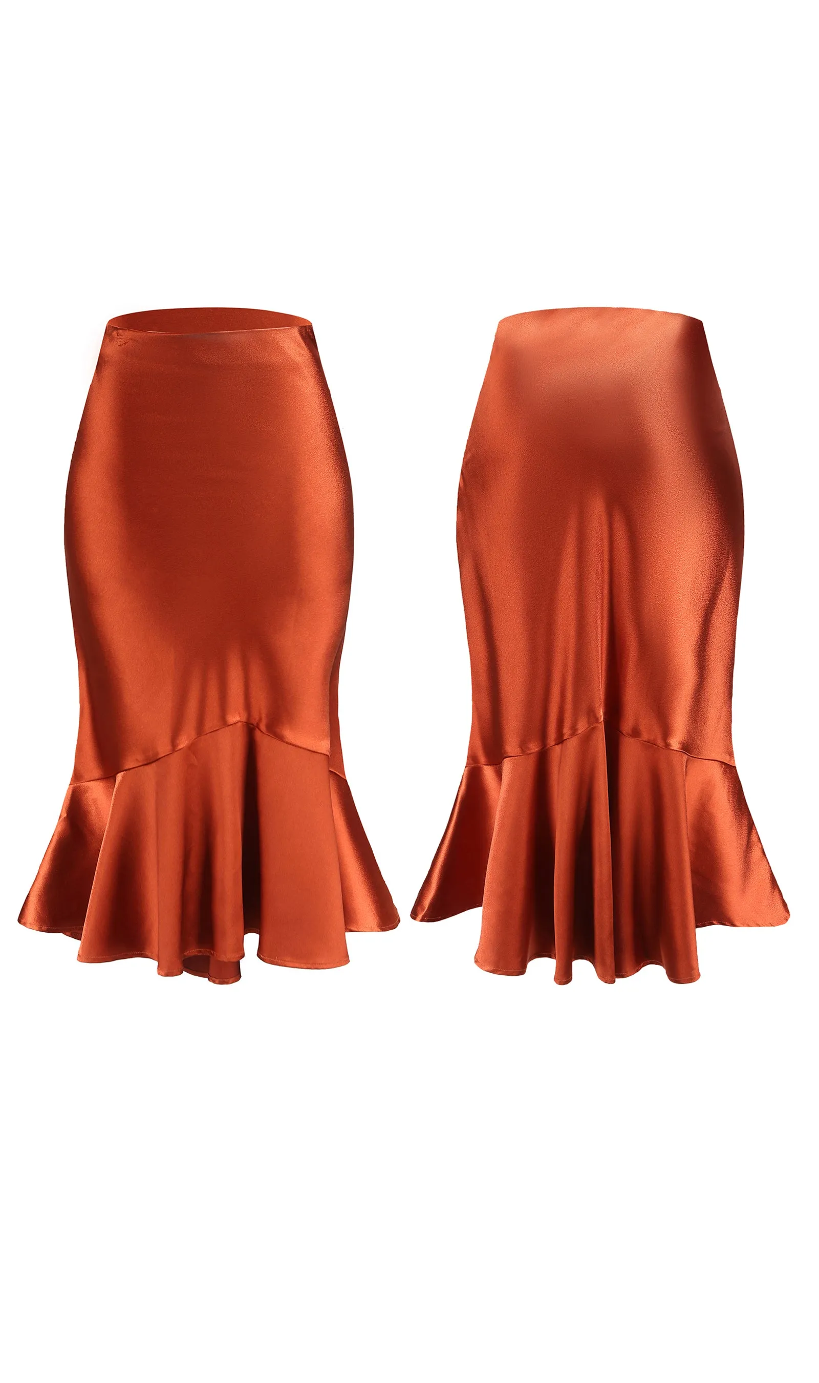 ALCEA ROSEA Women High Waist Satin Skirt Fishtail Silky Skirts Bodycon Stretchy Mermaid Pencil Midi Skirt Caramel