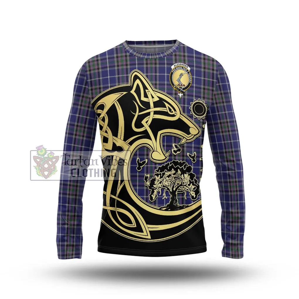 Alexander of Menstry Tartan Long Sleeve T-Shirt with Family Crest Celtic Wolf Style