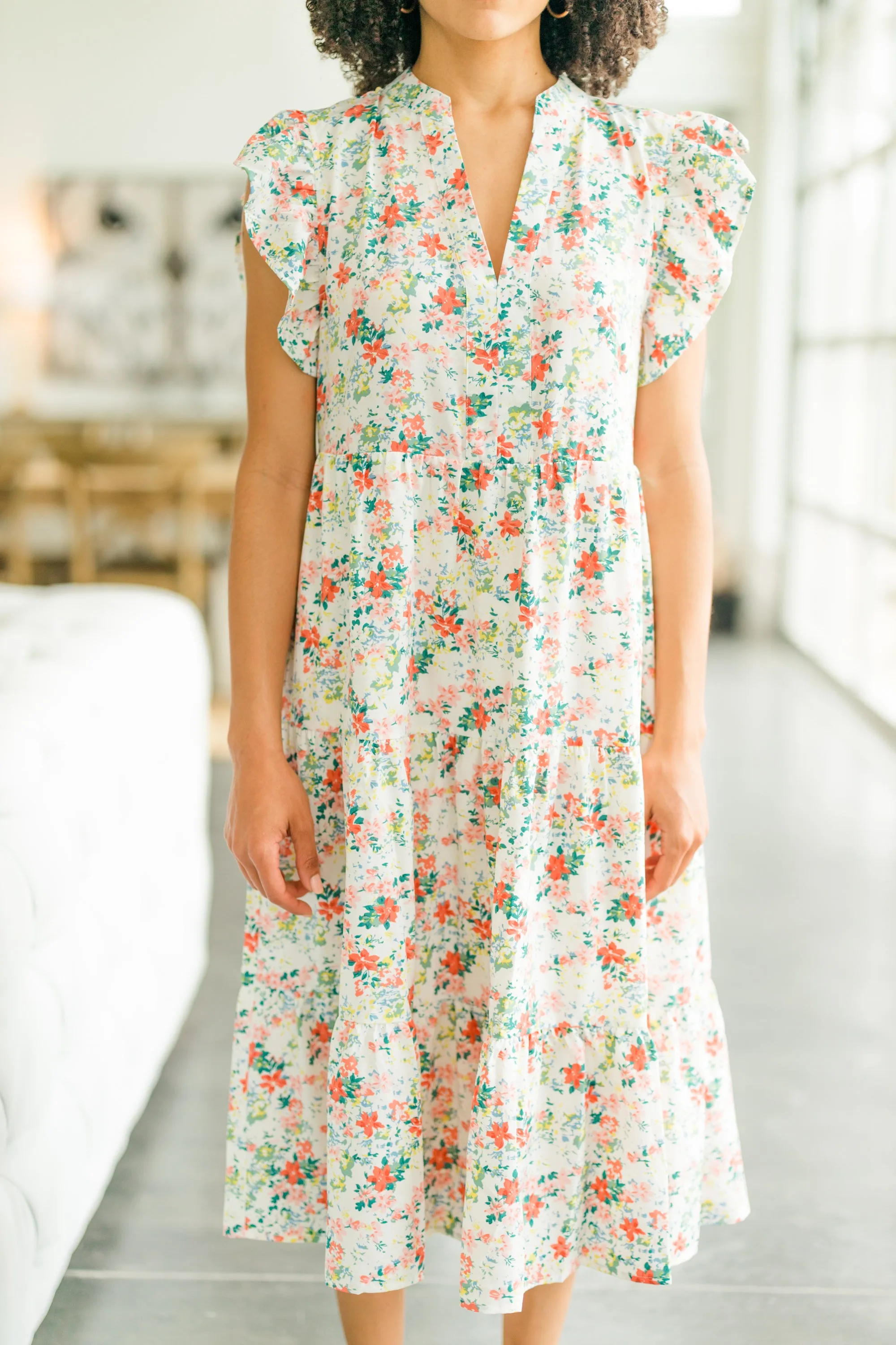 All About Us Ivory White Ditsy Floral Midi Dress