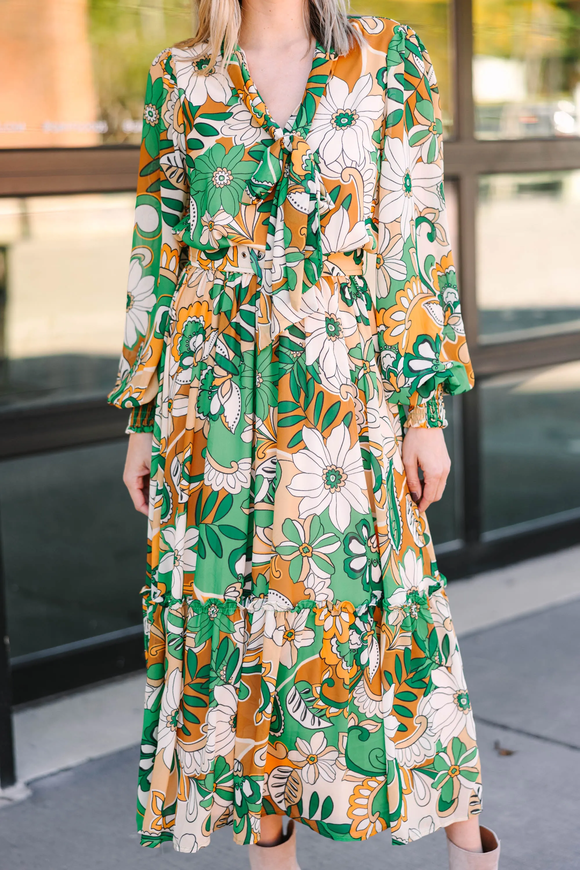 All For You Green Floral Midi Dress