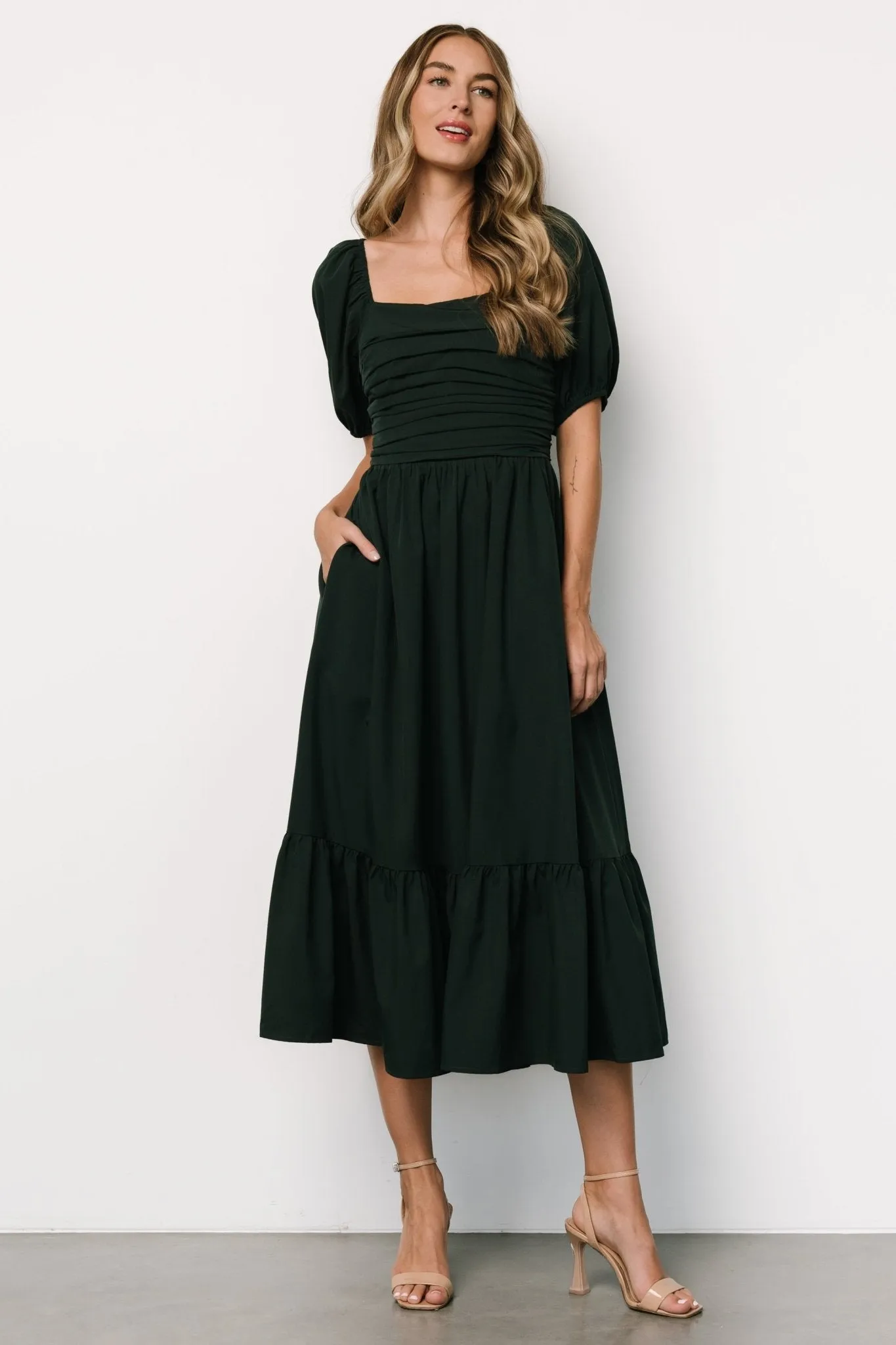 Andrea Pleated Midi Dress | Forest Green