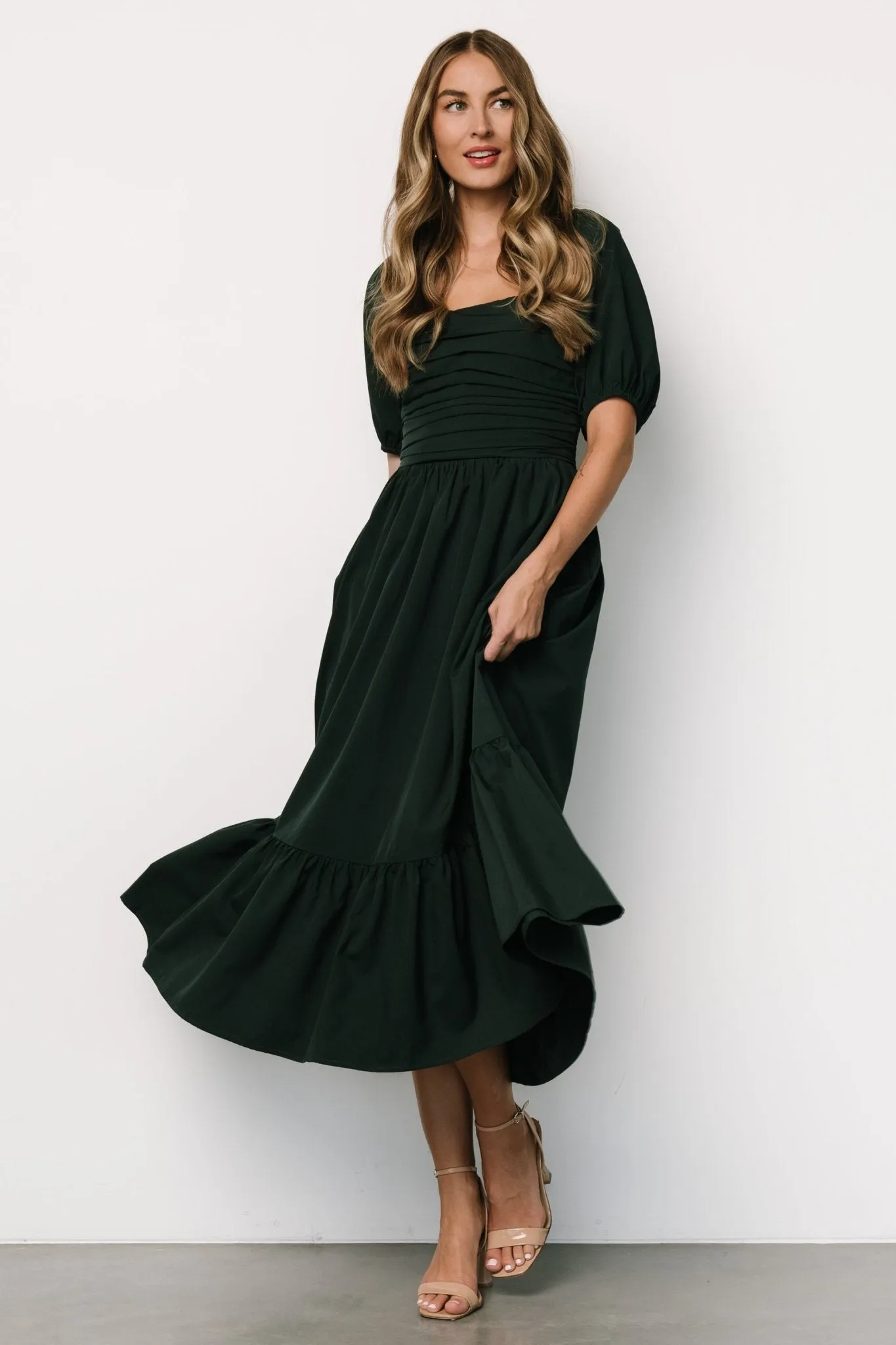 Andrea Pleated Midi Dress | Forest Green