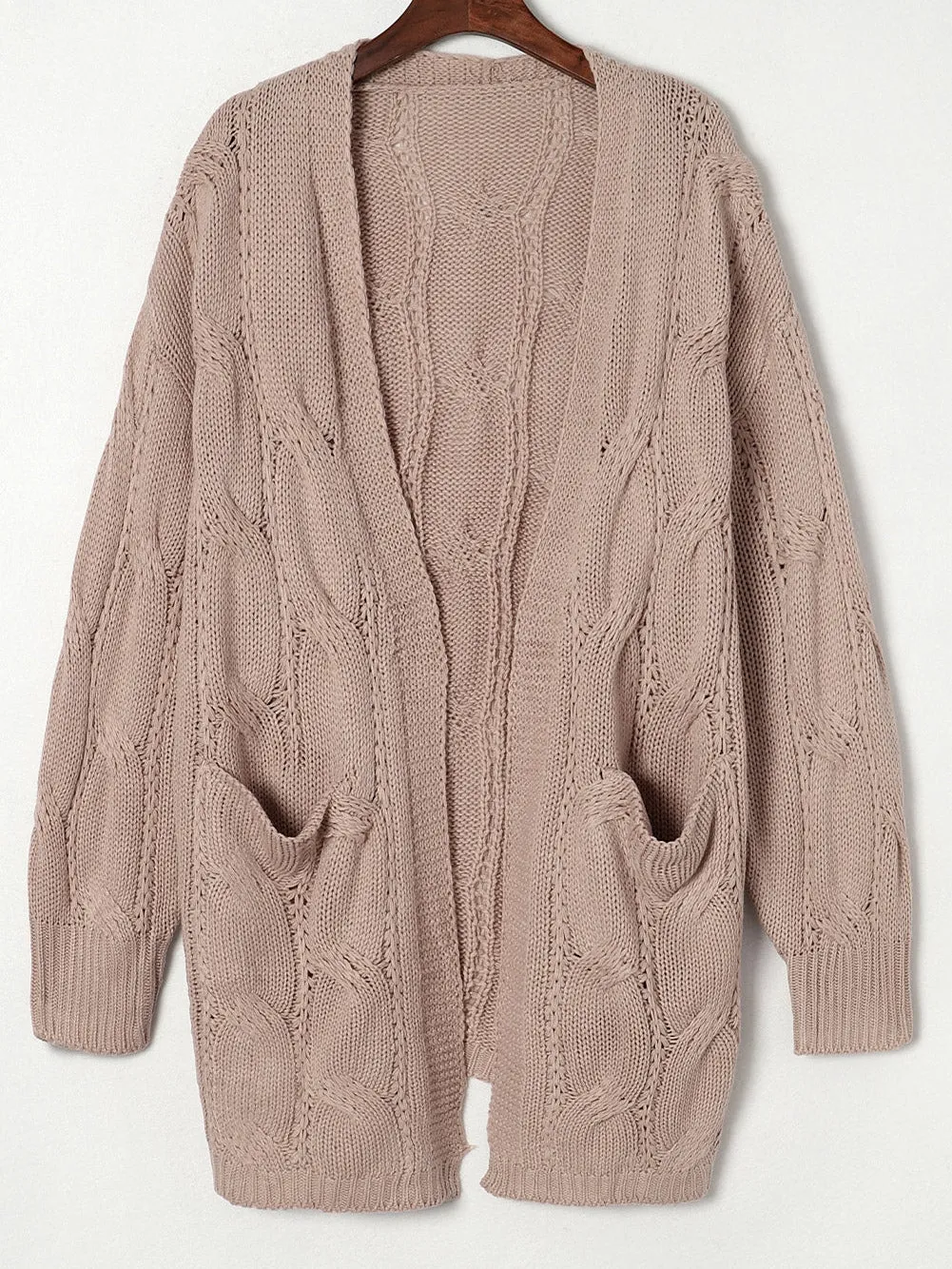 Apricot Eyelet Cable Knit Cardigan with Ribbed Trim