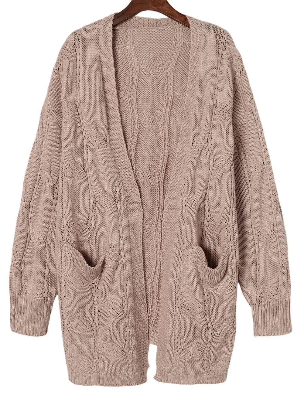 Apricot Eyelet Cable Knit Cardigan with Ribbed Trim