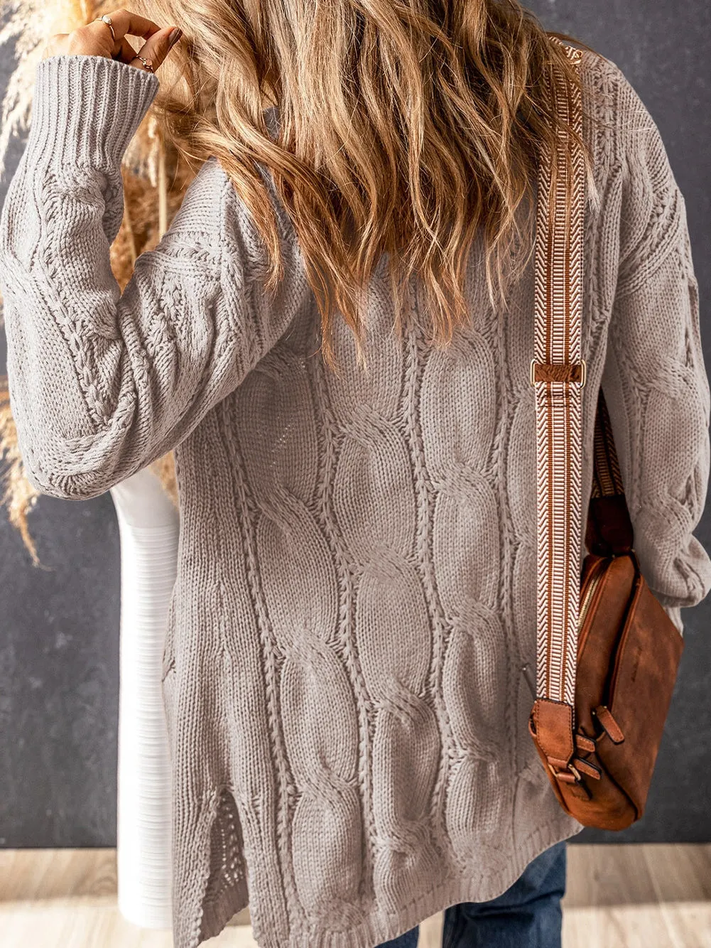 Apricot Eyelet Cable Knit Cardigan with Ribbed Trim