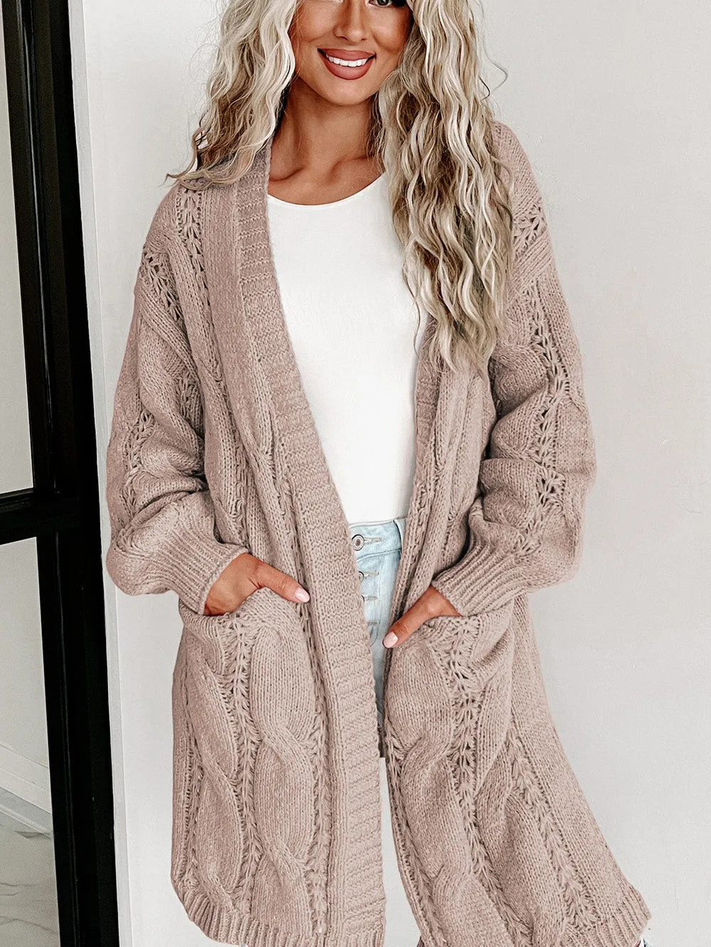 Apricot Eyelet Cable Knit Cardigan with Ribbed Trim