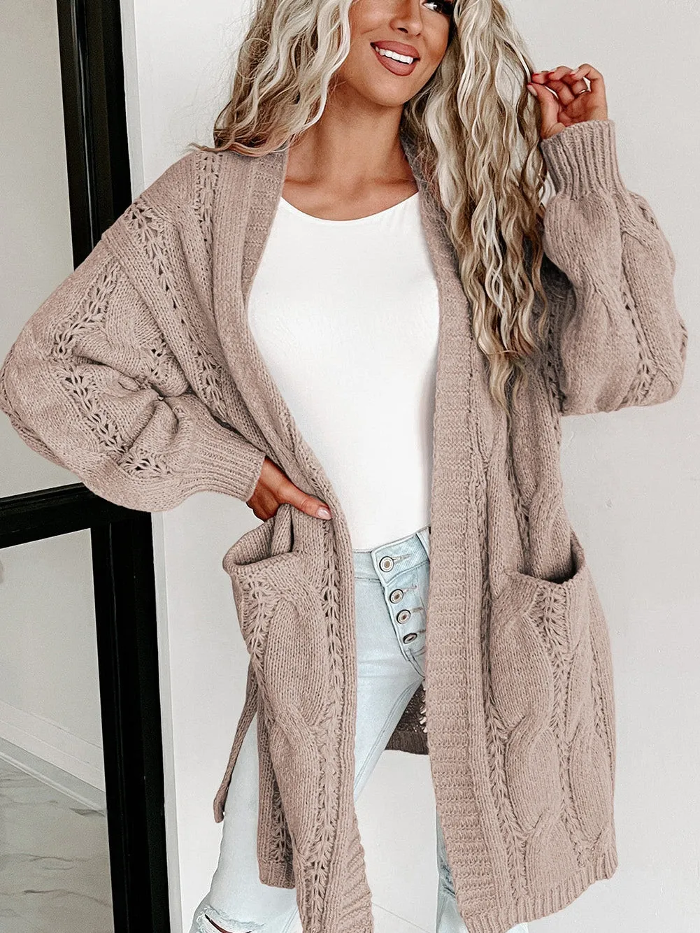 Apricot Eyelet Cable Knit Cardigan with Ribbed Trim