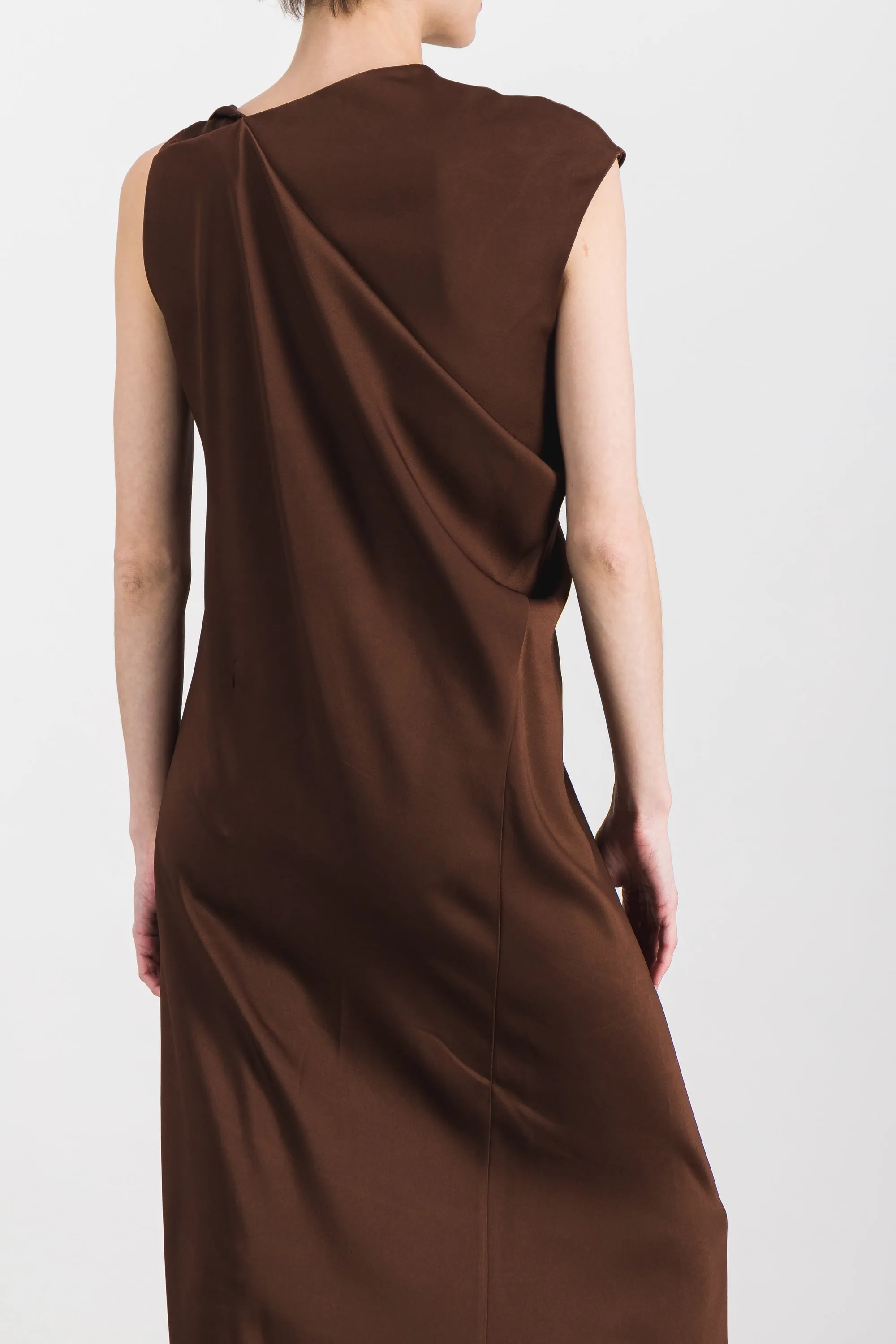 Asymmetric draped sleeveless crêpe satin midi dress