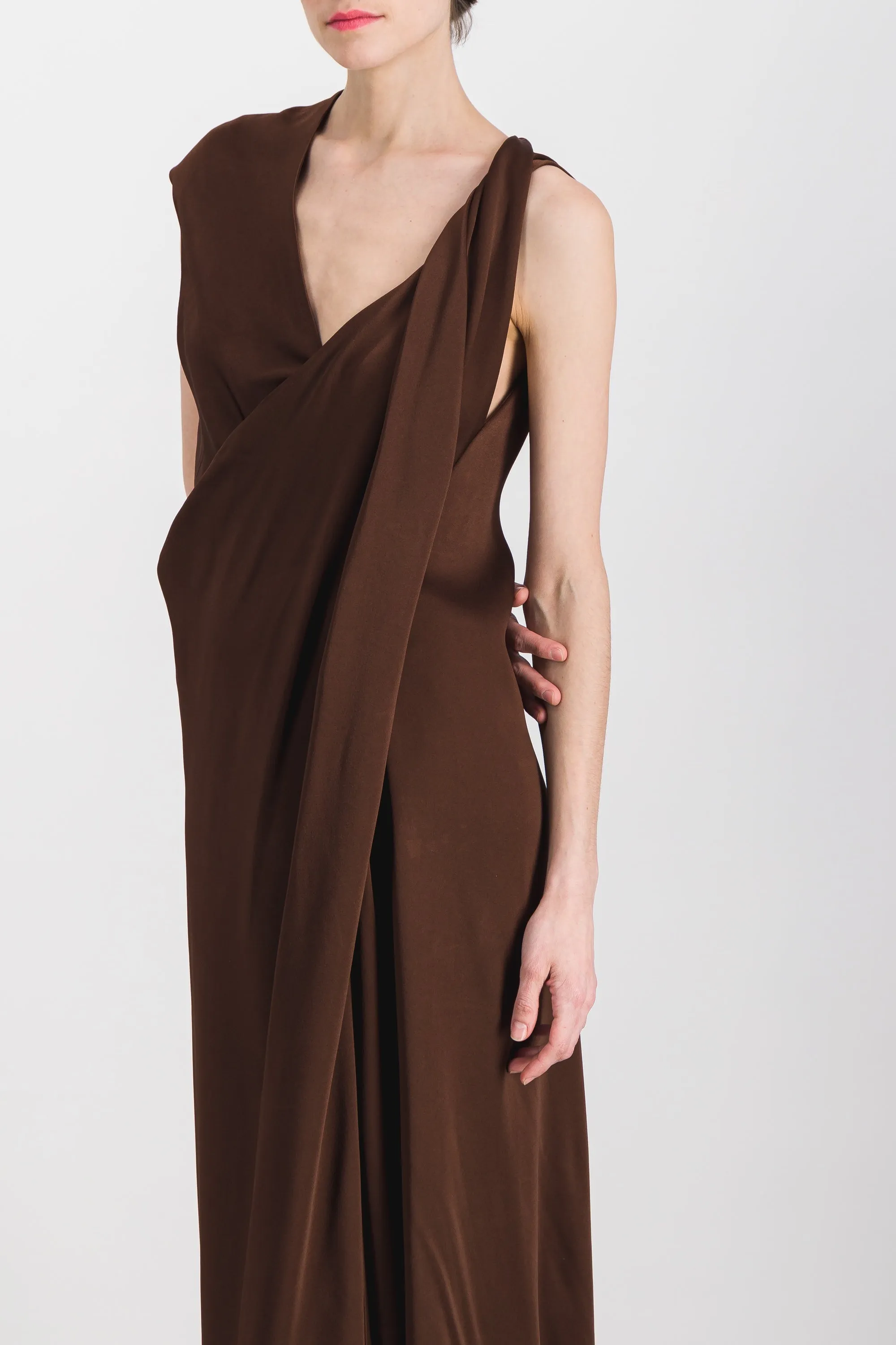 Asymmetric draped sleeveless crêpe satin midi dress