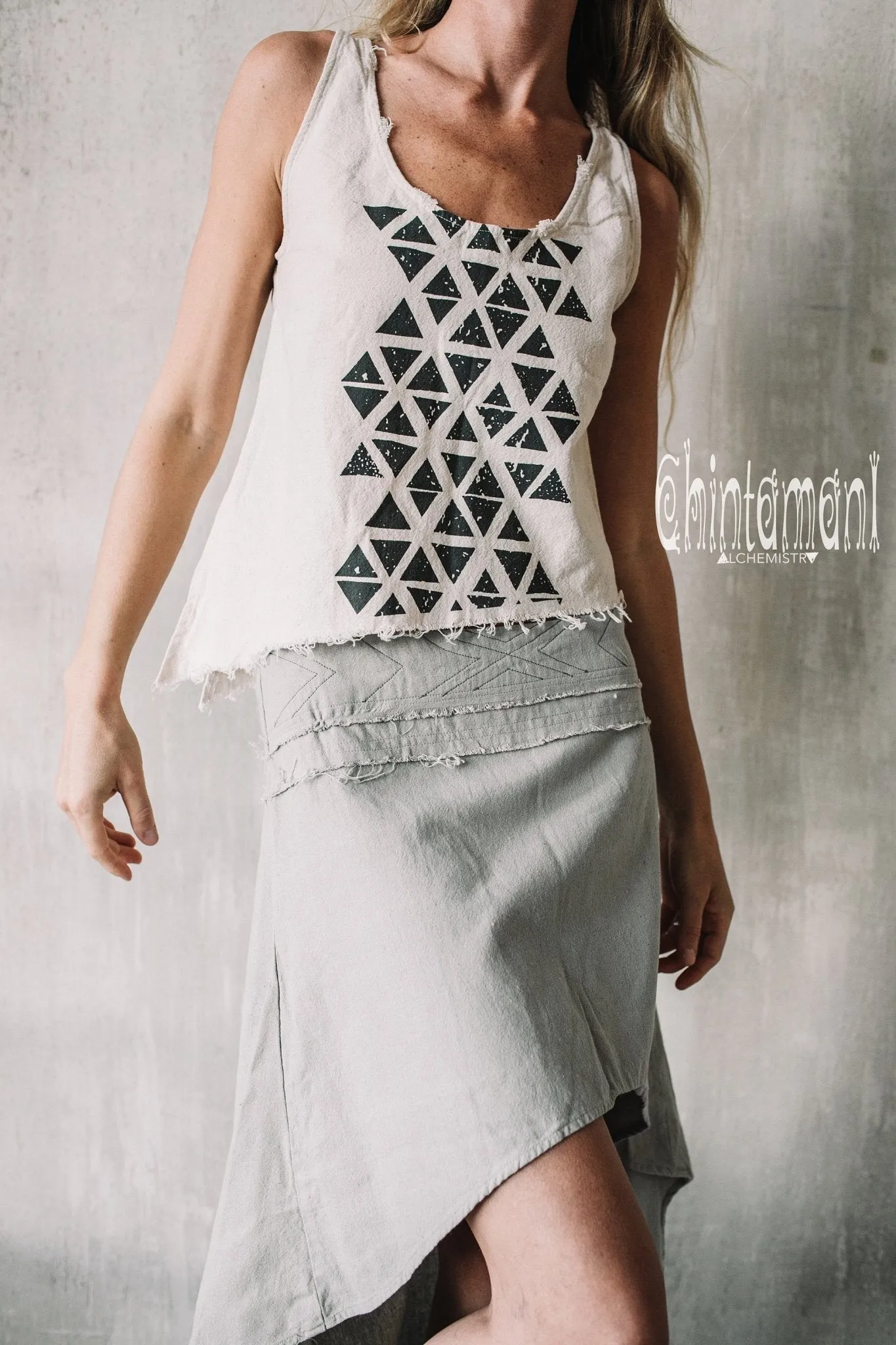 Asymmetric Raw Cotton Skirt with Navajo Pattern Stitches / Atua Tino / Grey