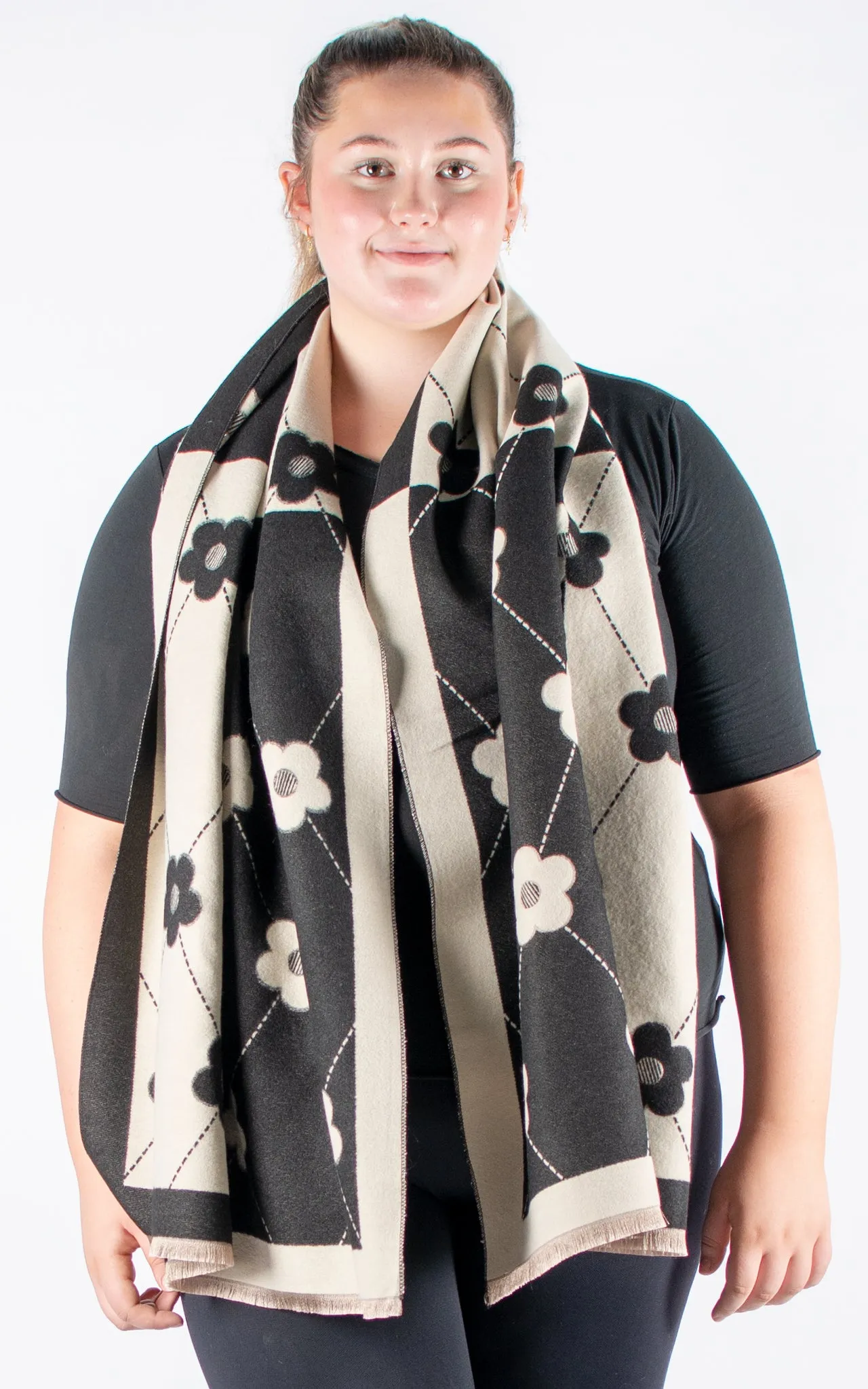 Autumn Winter Scarf | Floral Harlequin | Black & Beige