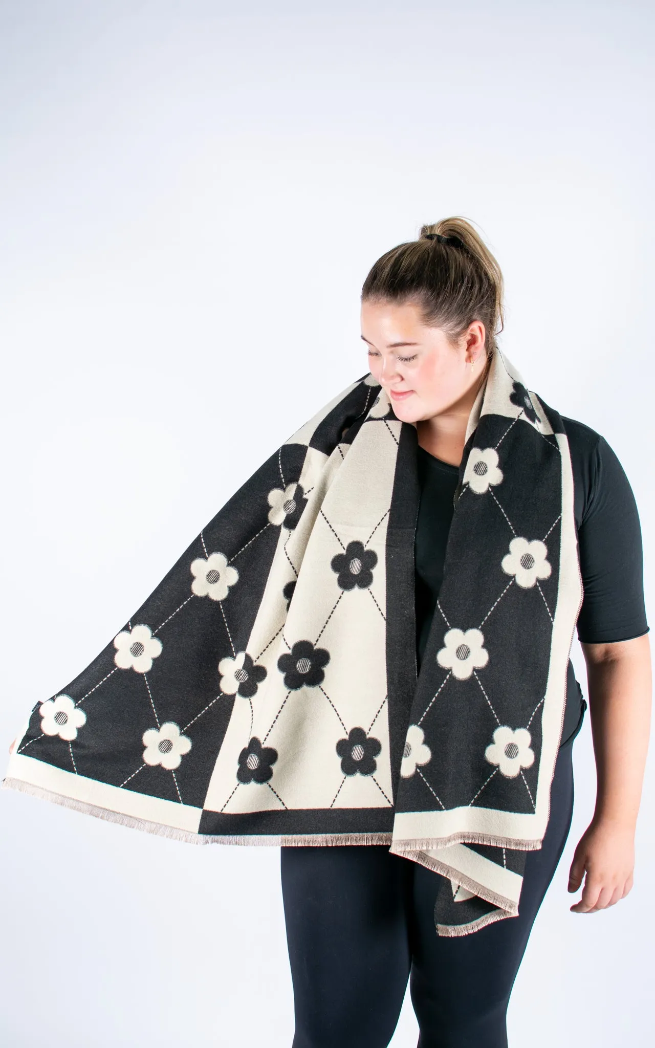 Autumn Winter Scarf | Floral Harlequin | Black & Beige