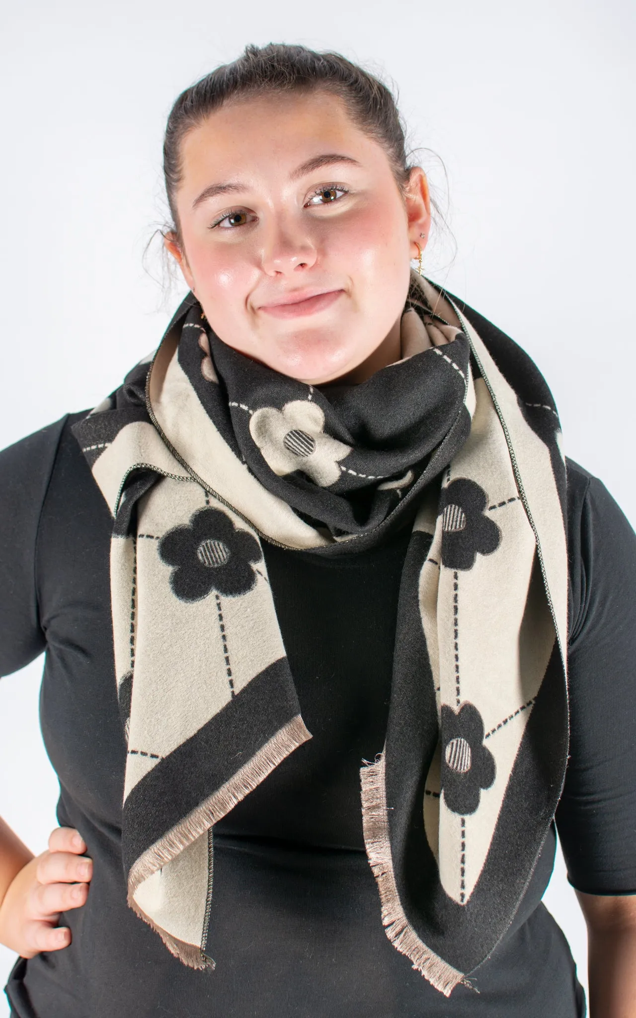 Autumn Winter Scarf | Floral Harlequin | Black & Beige