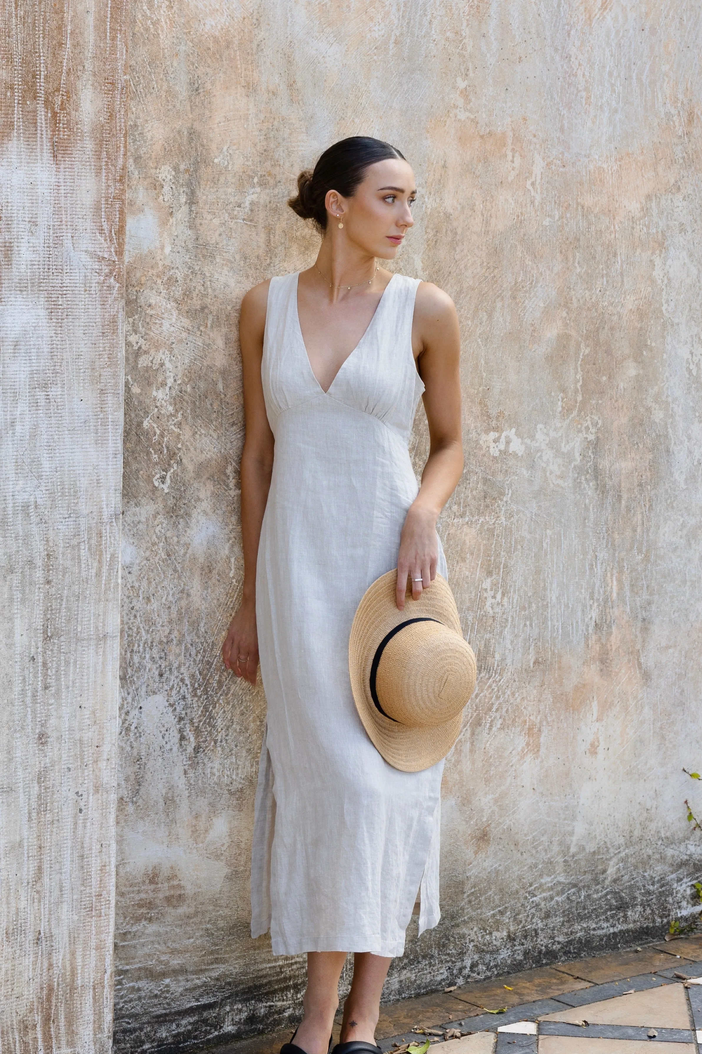 Azalea Natural Linen Sleeveless Empire Midi Dress