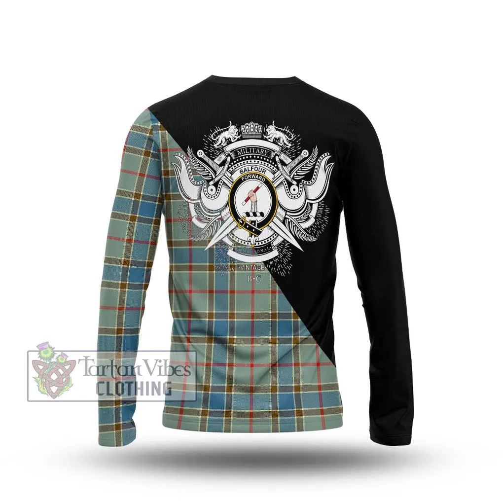 Balfour Blue Tartan Long Sleeve T-Shirt with Family Crest and Military Logo Style