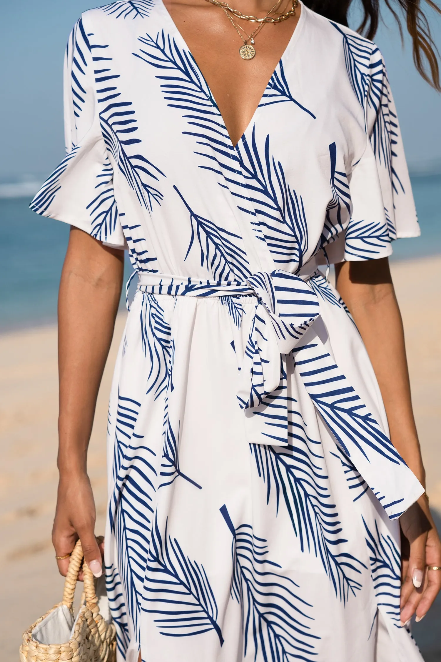 Belted Abstract Leaf Print Midi Dress