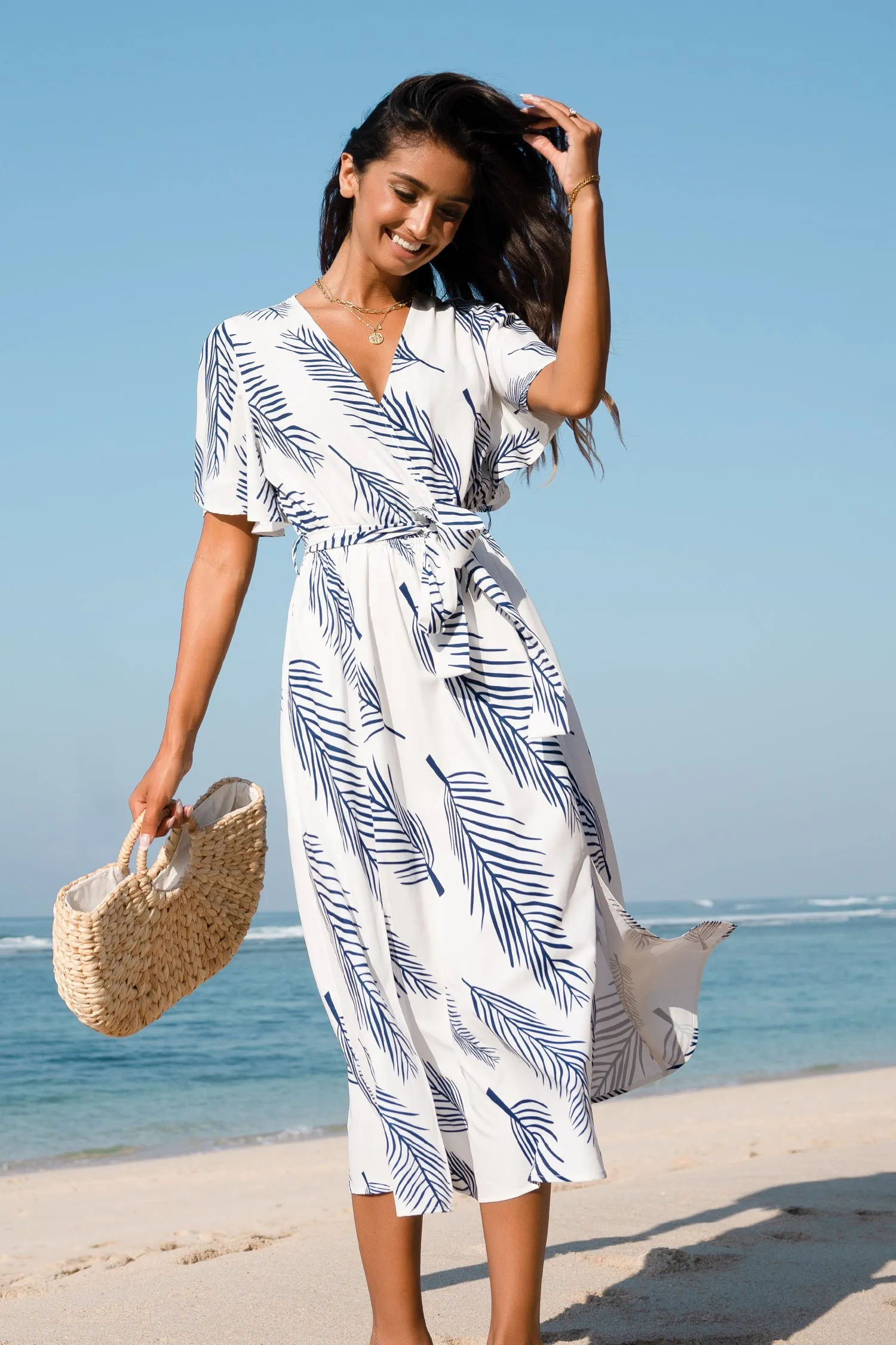 Belted Abstract Leaf Print Midi Dress