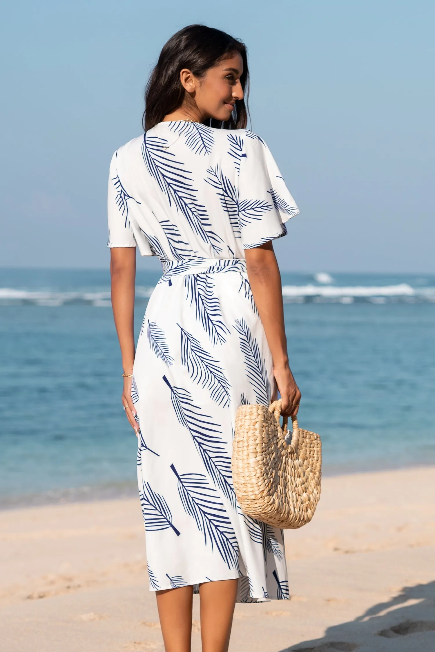 Belted Abstract Leaf Print Midi Dress