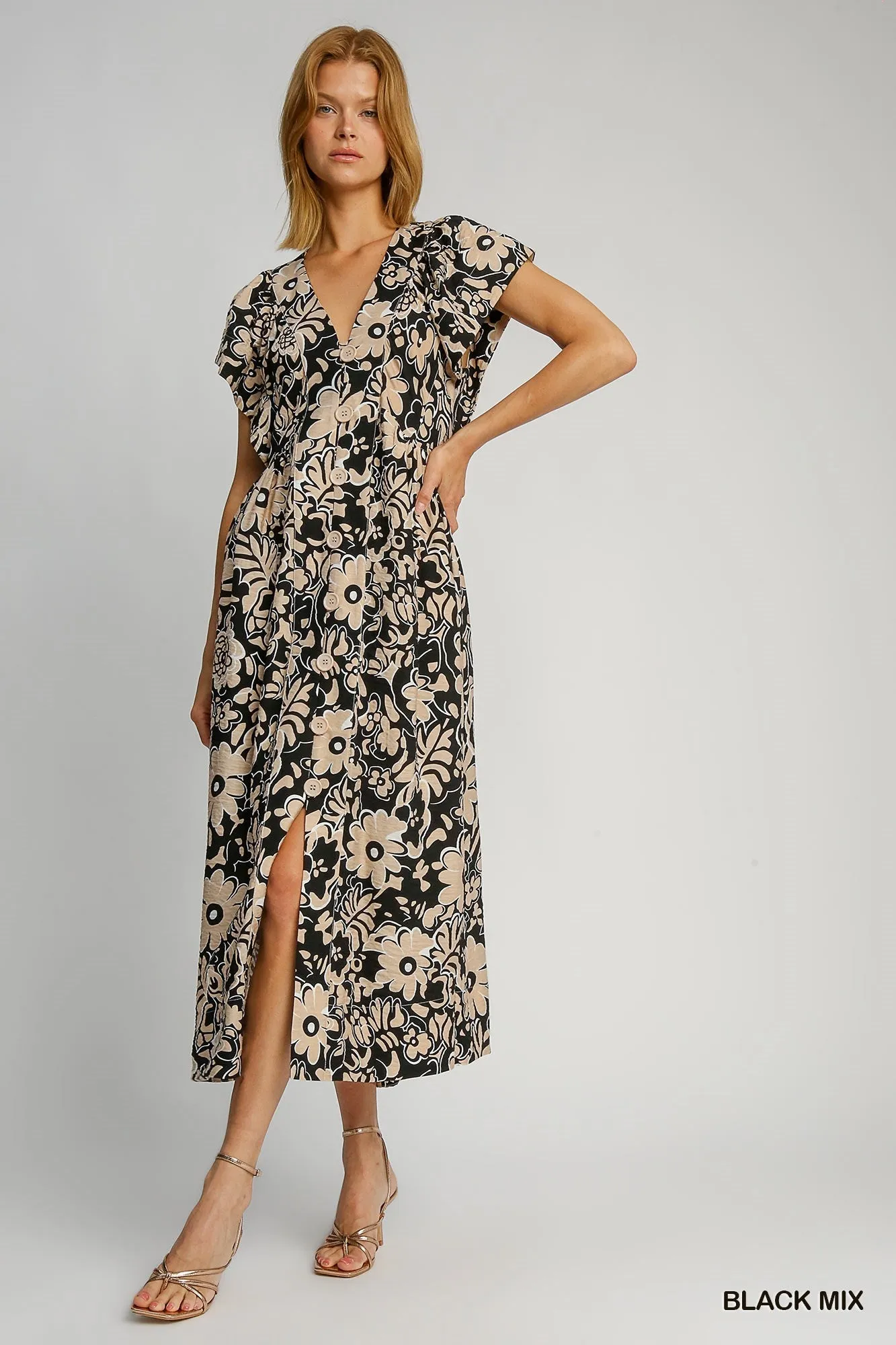 Black & Khaki Floral Print Midi Dress