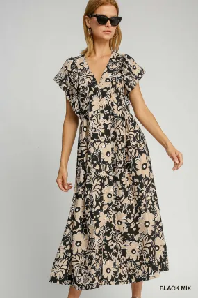 Black & Khaki Floral Print Midi Dress