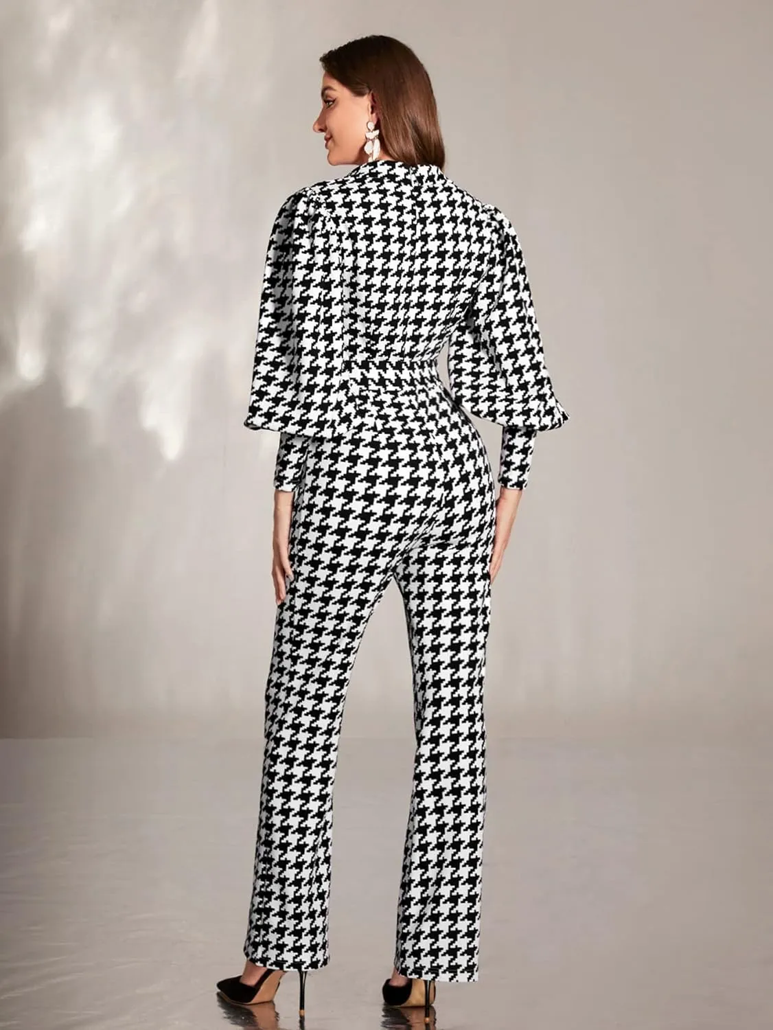 Black & White Houndstooth Puff Sleeve Jumpsuit