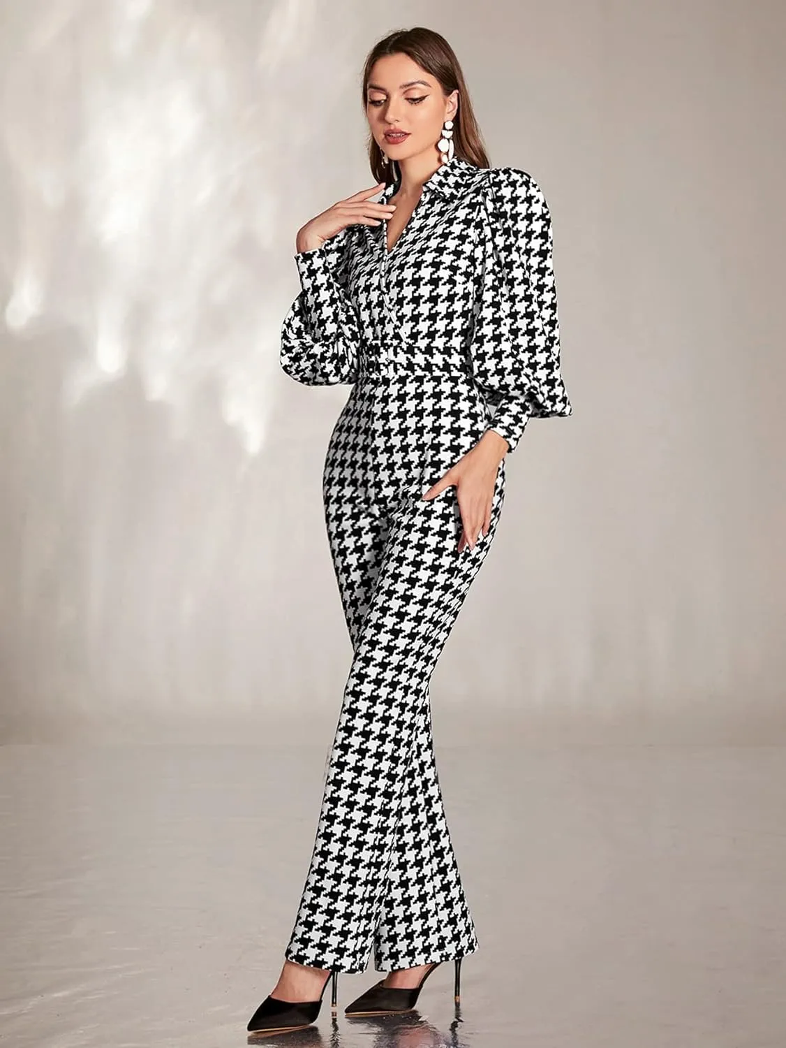 Black & White Houndstooth Puff Sleeve Jumpsuit