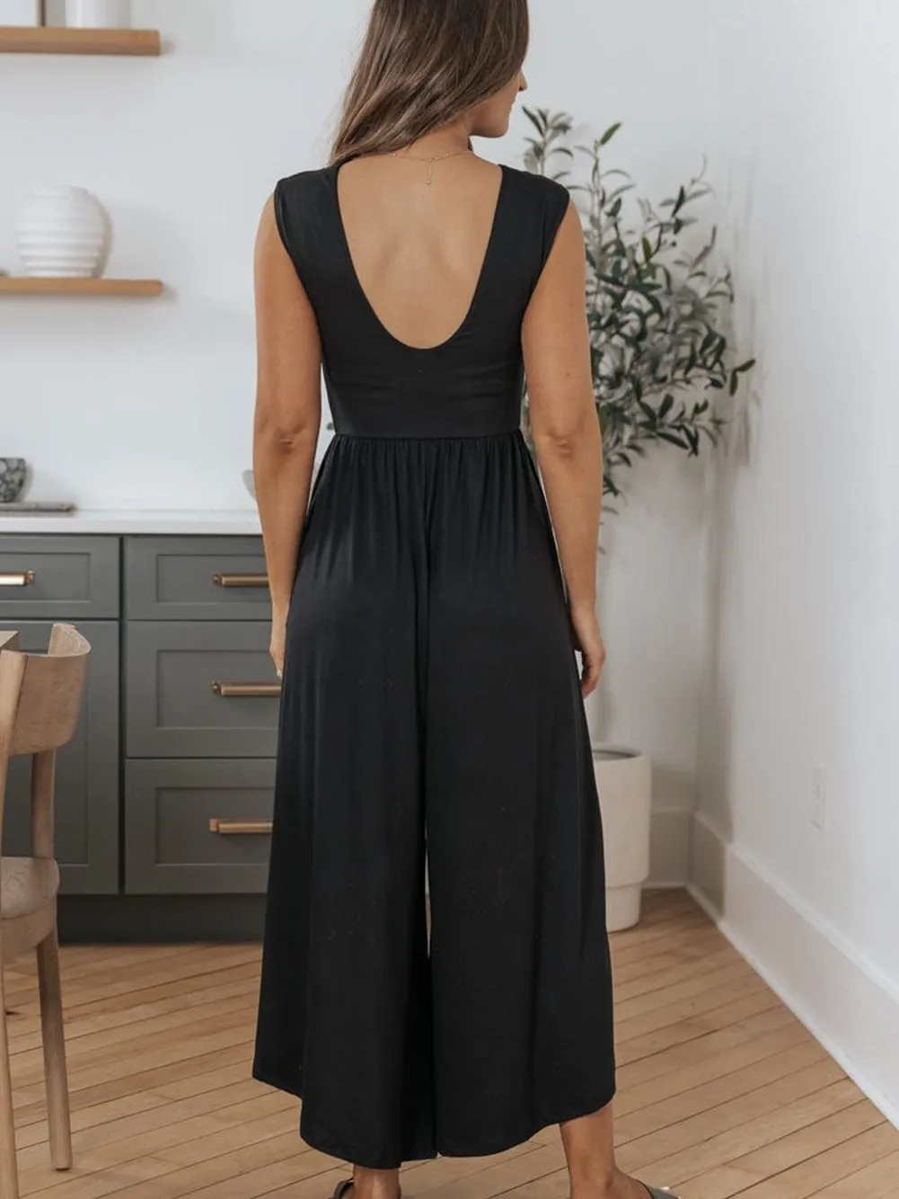 Black Backless Wide Leg Jumpsuit for Women