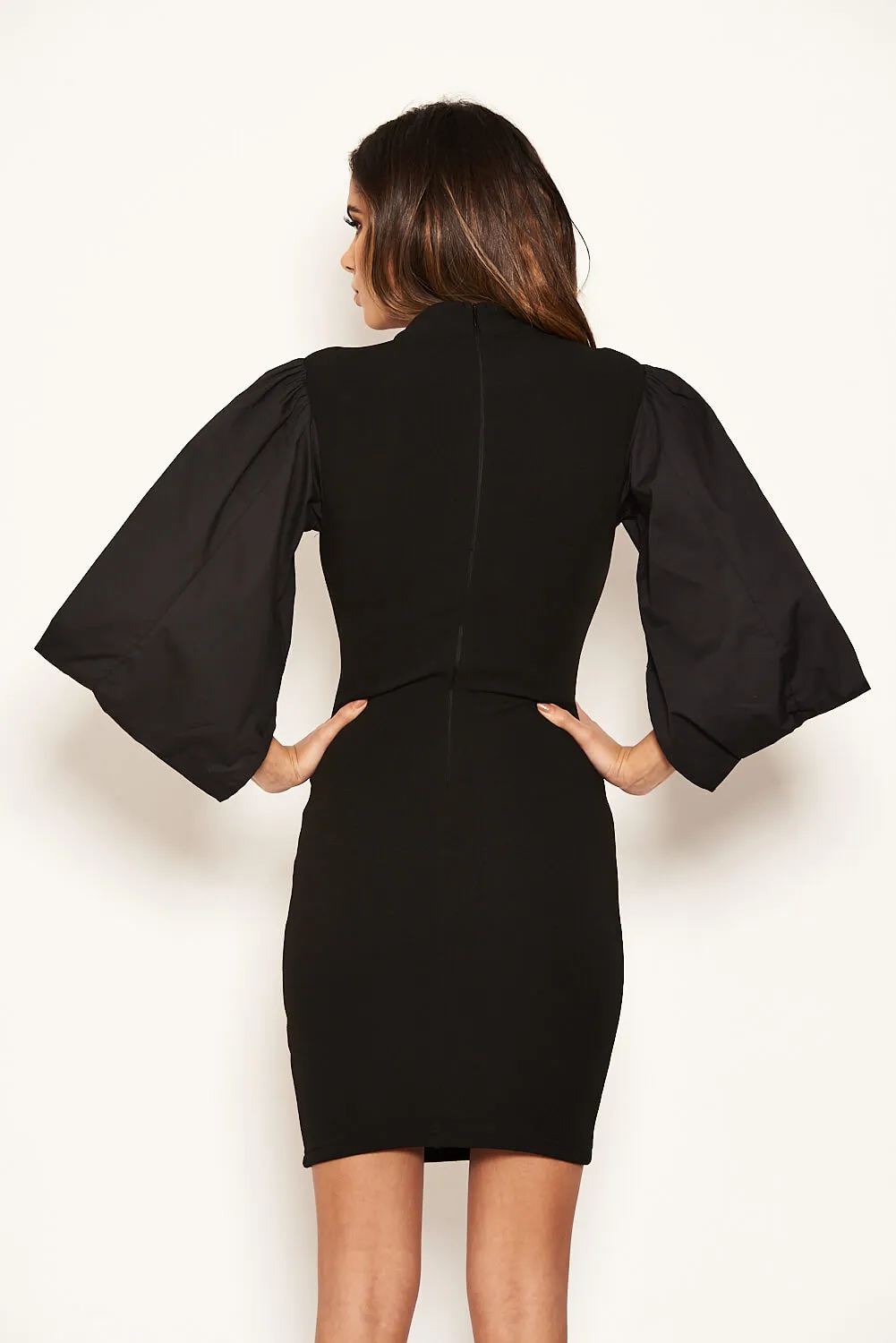 Black Batwing Puff Sleeve Bodycon Dress