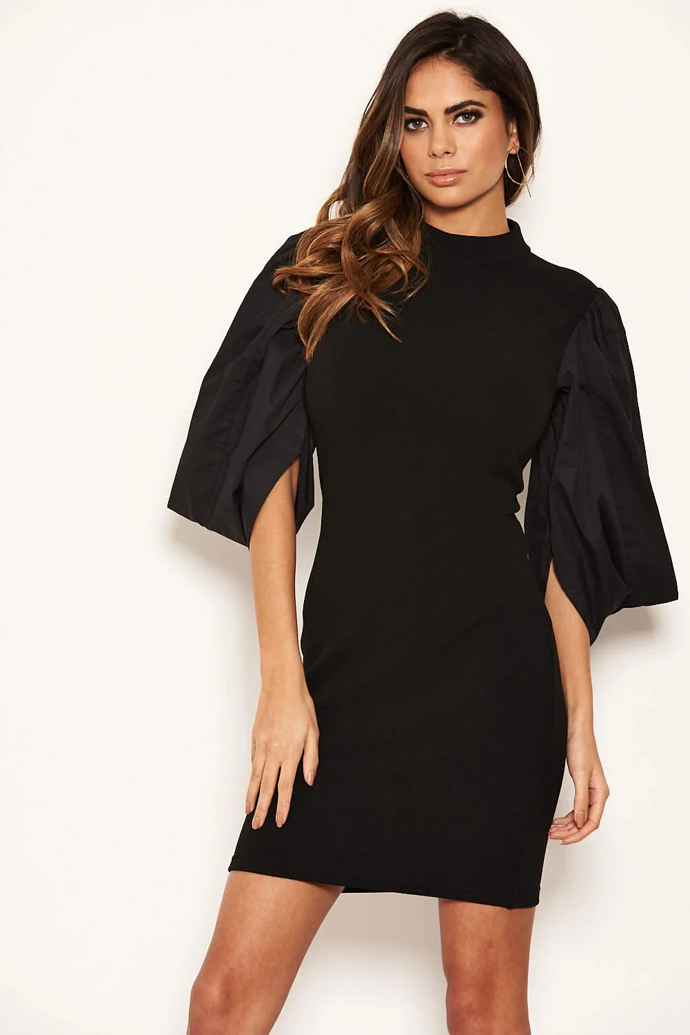 Black Batwing Puff Sleeve Bodycon Dress