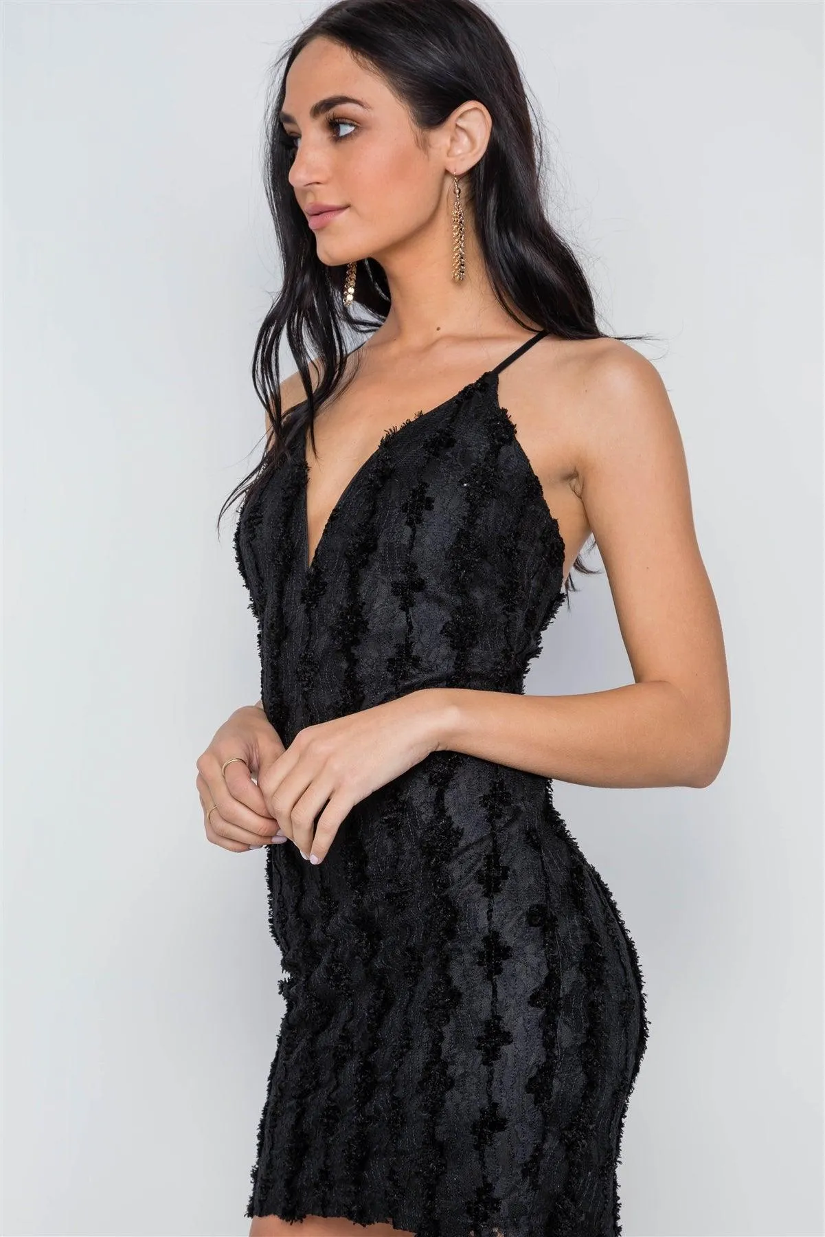 Black Floral Lace Bodycon Cami Mini Dress /2-2-2