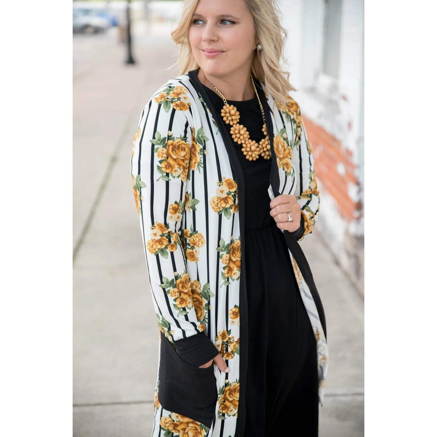 Black Floral Striped Cardigan