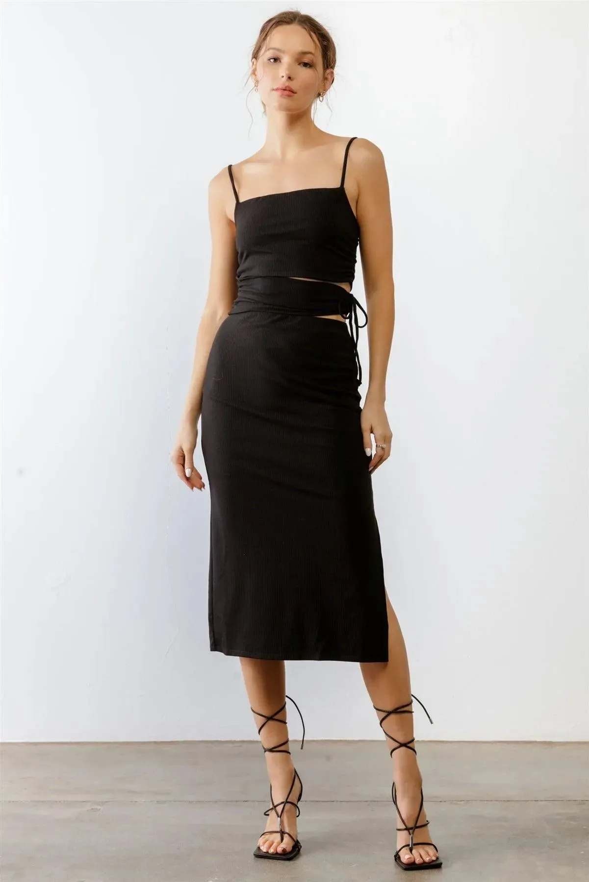 Black Ribbed Cut-Out Drawstring Strappy Midi Dress