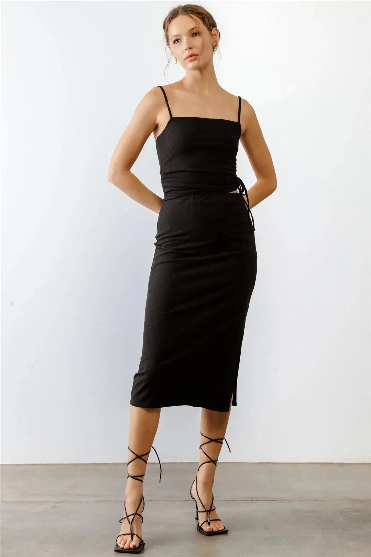 Black Ribbed Cut-Out Drawstring Strappy Midi Dress