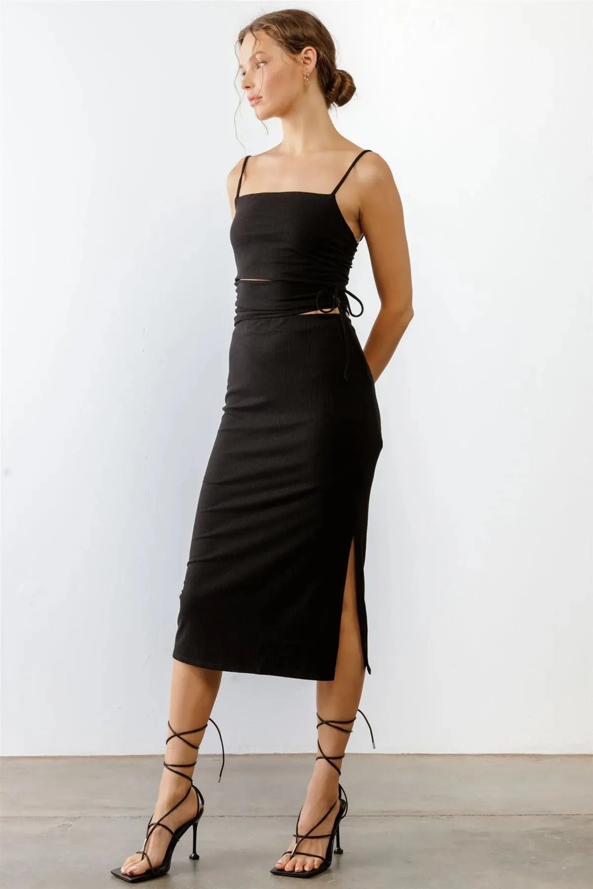 Black Ribbed Cut-Out Drawstring Strappy Midi Dress