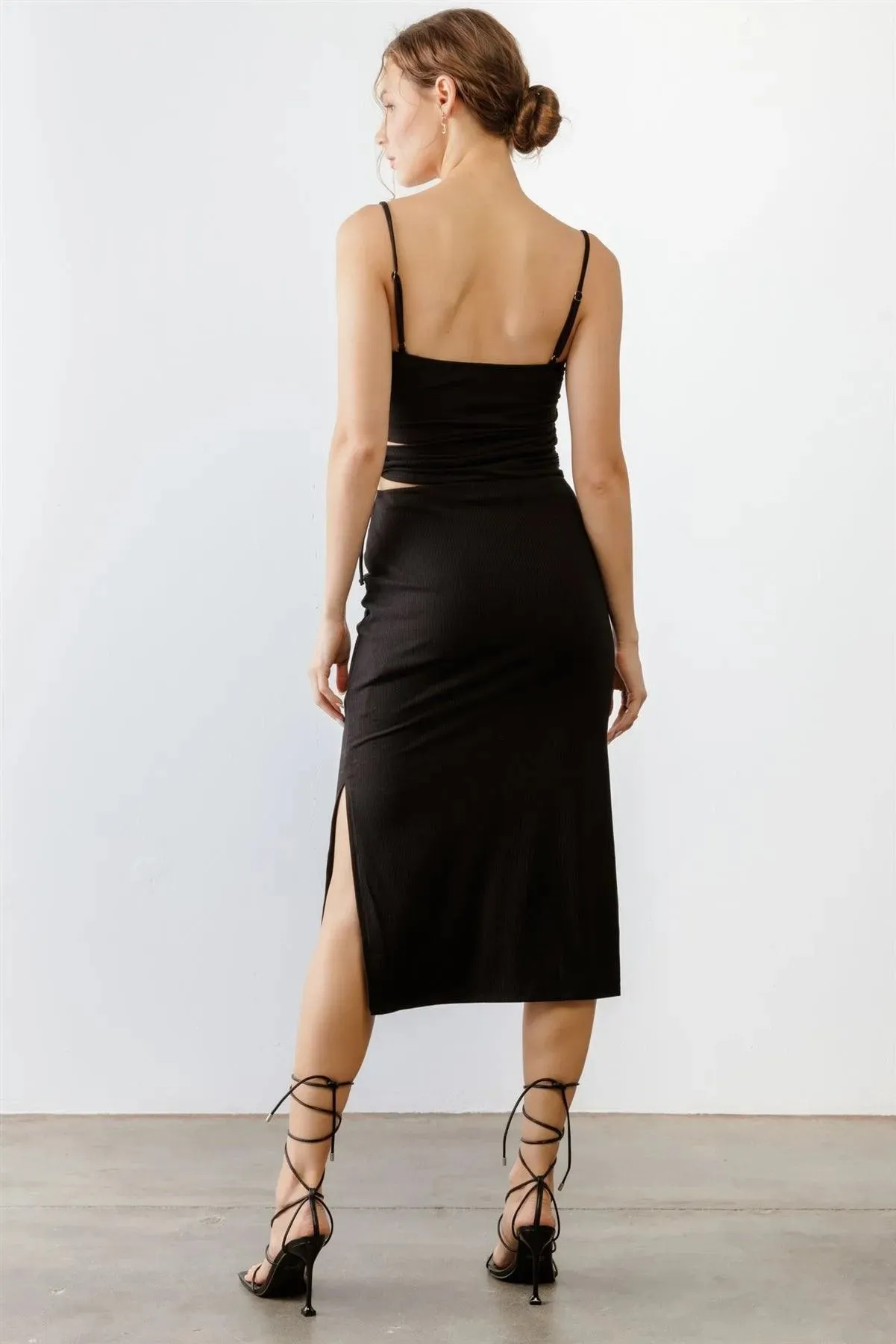 Black Ribbed Cut-Out Drawstring Strappy Midi Dress