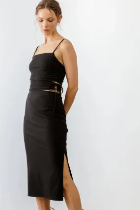 Black Ribbed Cut-Out Drawstring Strappy Midi Dress