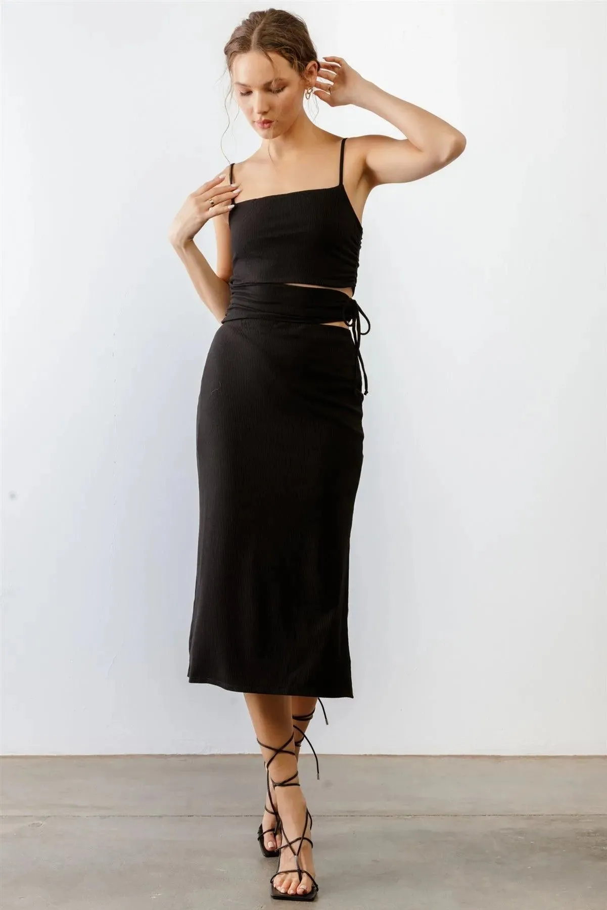 Black Ribbed Cut-Out Drawstring Strappy Midi Dress