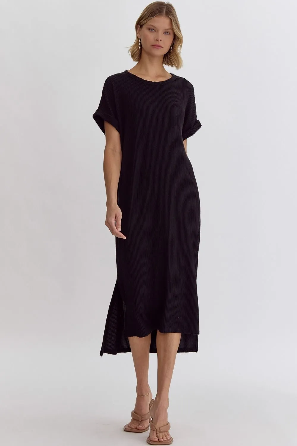 Black Ribbed Short Sleeve Midi Dress