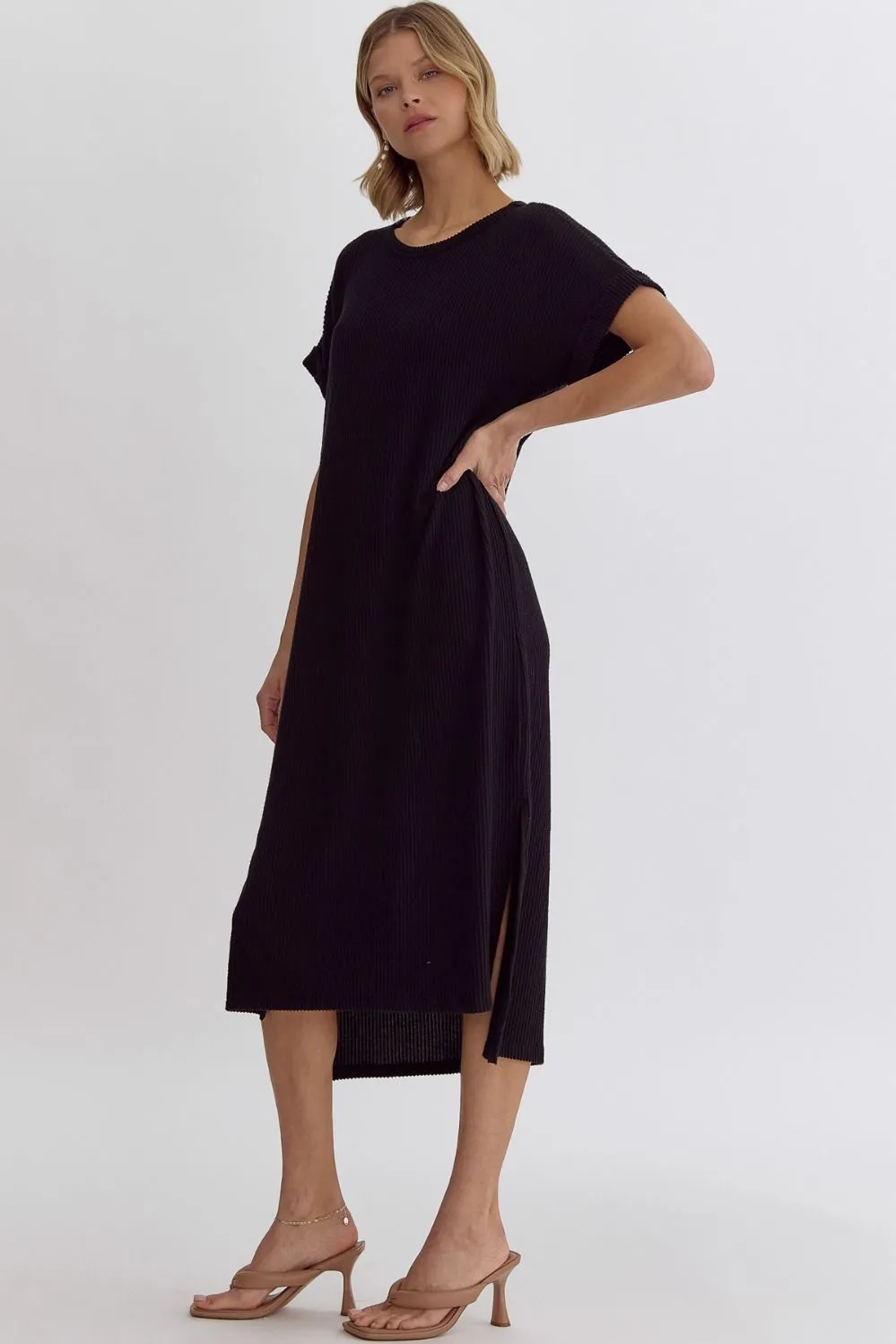 Black Ribbed Short Sleeve Midi Dress