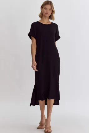 Black Ribbed Short Sleeve Midi Dress