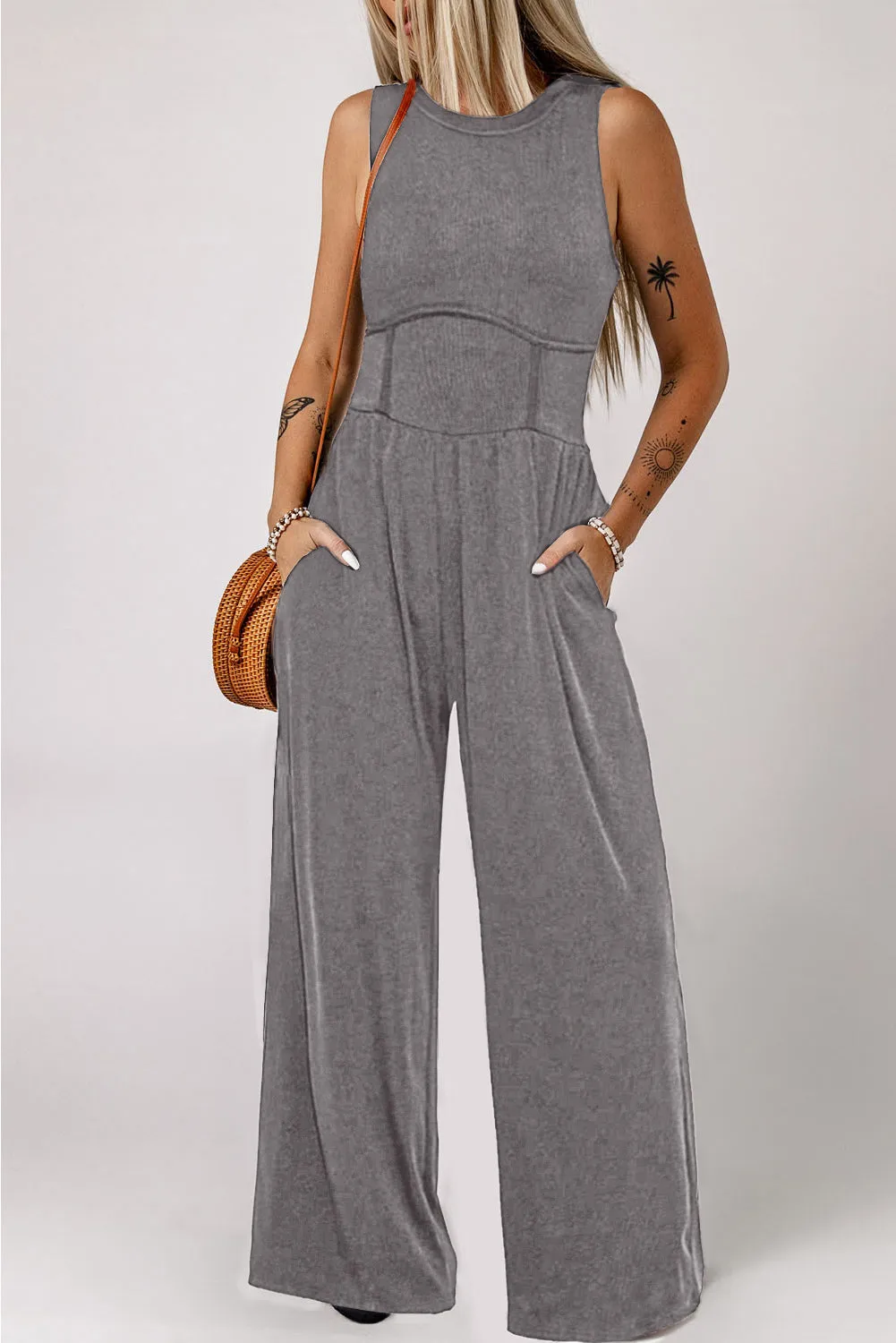 Blackish Green Cinched Waist Sleeveless Wide Leg Jumpsuit