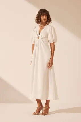 BLANC LINEN RUCHED KEYHOLE MIDI DRESS