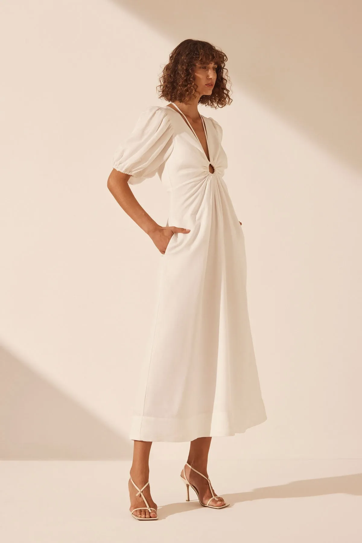 BLANC LINEN RUCHED KEYHOLE MIDI DRESS