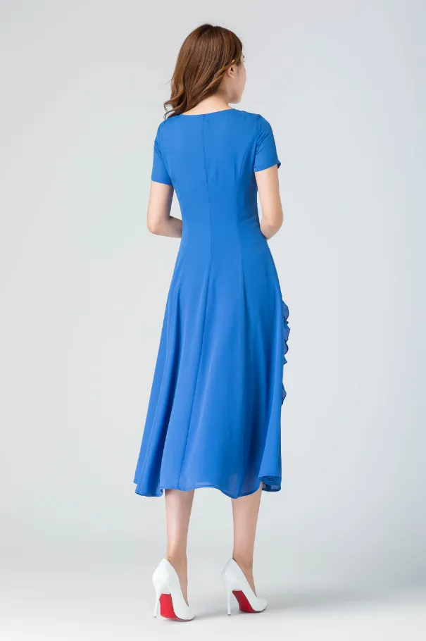 blue ruffle dress, prom chiffon dress, midi dress, summer dress,1916#