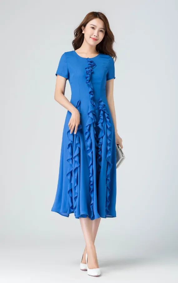 blue ruffle dress, prom chiffon dress, midi dress, summer dress,1916#